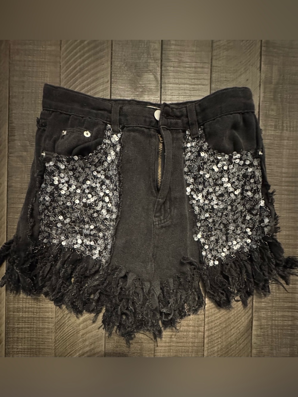Black Sequin Fringe Jean Shorts